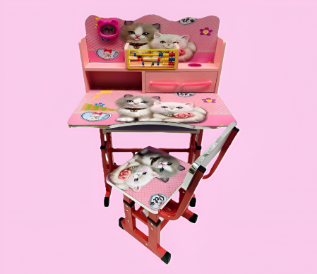 Cele mai dorite - Birou Reglabil pentru Copii cu Scăunel – Set Educațional Pisicuțe, Sertare, Abac și Raft, Model Roz 2–10 Ani