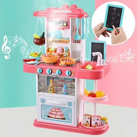 Educative si montessori - Bucătărie Interactivă Home Kitchen – Set 65 Piese, Aburi Realistici, Sunete de Gătit, Chiuvetă cu Apă și Accesorii
