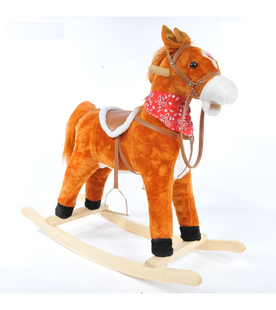 Noutati - Cal Balansoar Maro din Pluș cu Șa, Frâu și Bază din Lemn – Model Mare, Stabil și Realist – Jucărie pentru Copii