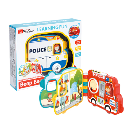 Carte Interactivă „Beep Beep” în Formă de Mașinuță – Lumină și Sunet, Vehicule de Salvare (Poliție / Pompieri) | Jucărie Educațională pentru Copii
