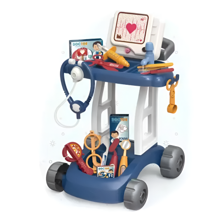 Noutati - Cărucior Doctor pentru Copii cu Accesorii Medicale Interactive, Joc de Rol Educativ, Set Complet cu Ecran, Sunete și Roți, albastru, 3+ ani