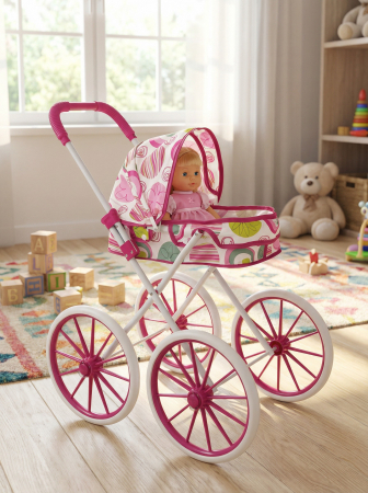 Cărucior Păpuși Tip Landou, Pliabil, cu Cadru Metalic & Copertină – 63 cm, 4 Roți Mari – Disponibil Albastru/Roz