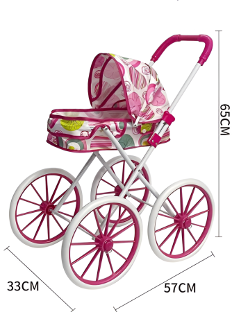 Cărucior Păpuși Tip Landou, Pliabil, cu Cadru Metalic & Copertină – 63 cm, 4 Roți Mari – Disponibil Albastru/Roz [2]