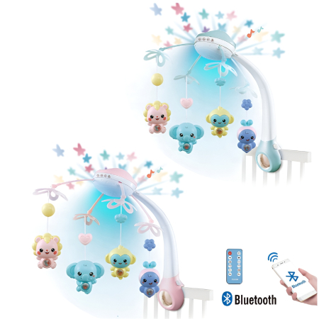 Jucarii bebelusi - Carusel Muzical Pătuț cu Proiecție și Bluetooth – 2 Culori (Roz/Albastru), Lumini de Noapte, Telecomandă