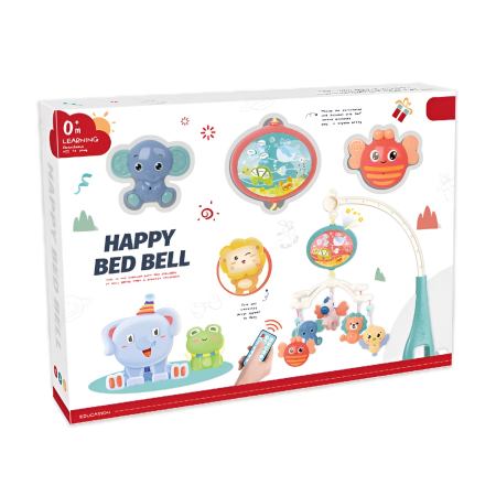 Carusel muzical pentru pătuț bebeluși cu lumini și telecomandă – jucărie educativă cu animale colorate, proiector și melodii liniștitoare, 0 luni+