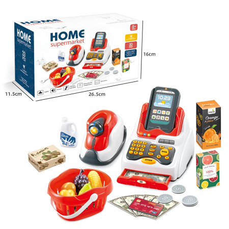Casă de marcat electronică pentru copii – Set magazin educativ 33 piese cu scanner, card și bani de jucărie [3]