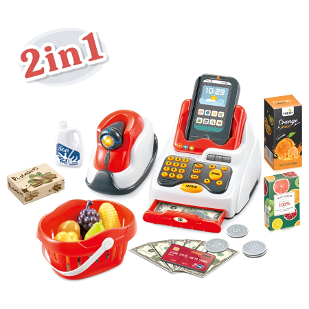 Educative si montessori - Casă de marcat electronică pentru copii – Set magazin educativ 33 piese cu scanner, card și bani de jucărie