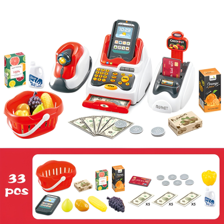 Casă de marcat electronică pentru copii – Set magazin educativ 33 piese cu scanner, card și bani de jucărie [2]