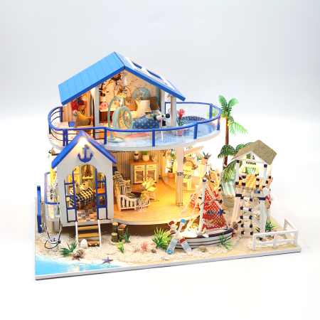 Lego si constructii - Casă de Păpuși DIY „Coastal Dream House” – Kit Miniatură cu Lumini, Decor Marin, 32×21.5×22 cm