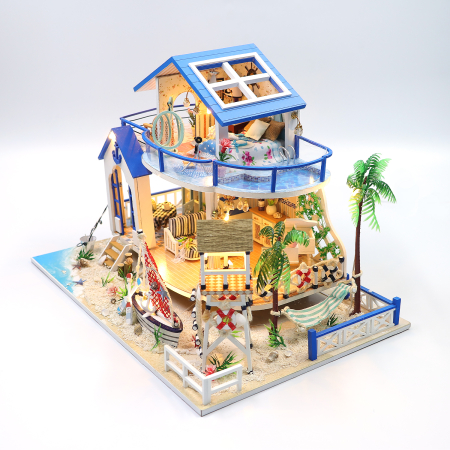 Casă de Păpuși DIY „Coastal Dream House” – Kit Miniatură cu Lumini, Decor Marin, 32×21.5×22 cm [2]
