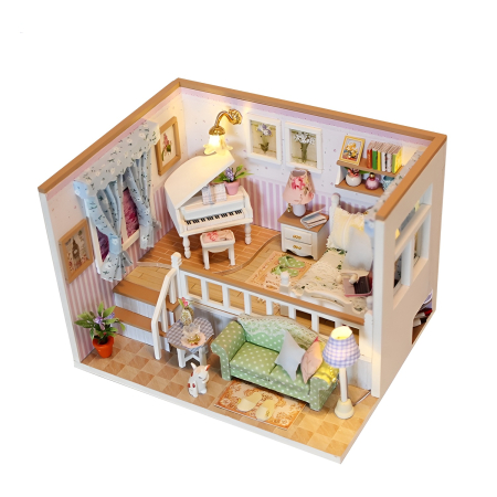 Casă în Miniatură DIY cu Mobilier și Lumină LED – Set Creativ pentru Construire, Model Living Romantic [1]
