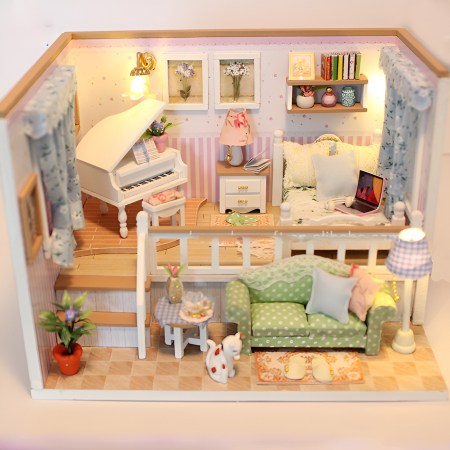 Casă în Miniatură DIY cu Mobilier și Lumină LED – Set Creativ pentru Construire, Model Living Romantic [2]