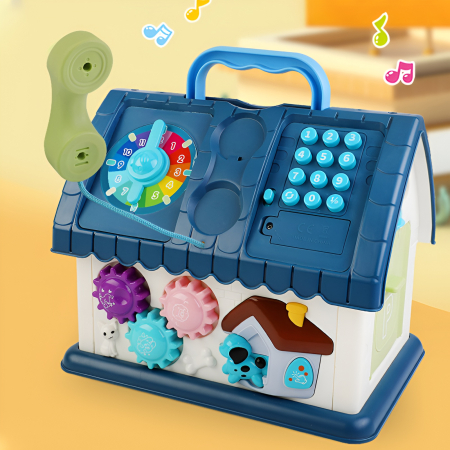 Căsuță Interactivă cu Volan, Sunete și Jucării – 2 Culori (Roz / Albastru) | Centru de Activități și Garaj cu Mașinuțe, Telefon, Rotițe, 25.5 cm [1]