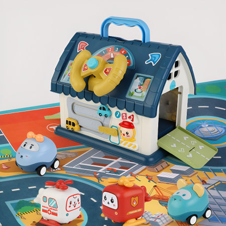 Căsuță Interactivă cu Volan, Sunete și Jucării – 2 Culori (Roz / Albastru) | Centru de Activități și Garaj cu Mașinuțe, Telefon, Rotițe, 25.5 cm [2]