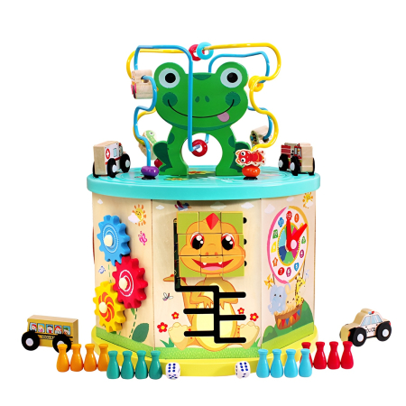 Educative si montessori - Centru de Activități Montessori 8-în-1 din Lemn – Labirint cu Bile, Puzzle, Pescuit Magnetic, Ceas, Rotițe, Mașinuțe și Jocuri Educaționale | 31 cm