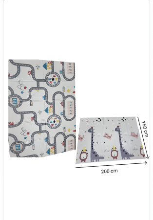 Covoraș Joacă Pliabil 200×150 cm Reversibil – Hărți cu Drumuri + Dinozauri | Saltea Bebe Antiderapantă, Foarte Groasă [1]