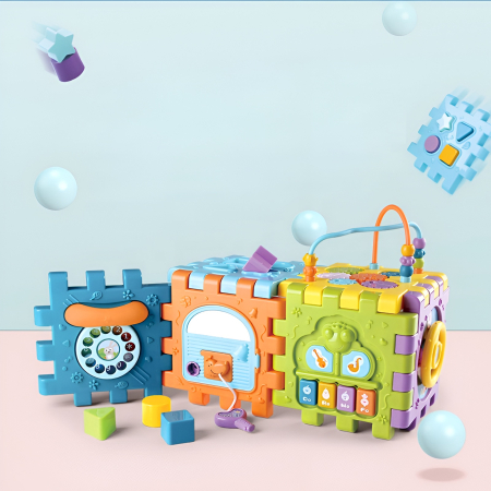 Educative si montessori - Cub de Activități Educativ pentru Bebeluși – Activity Cube Montessori, Set 10 Piese, Jucărie Senzorială Interactivă, 18+ luni