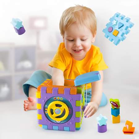 Cub de Activități Educativ pentru Bebeluși – Activity Cube Montessori, Set 10 Piese, Jucărie Senzorială Interactivă, 18+ luni [1]