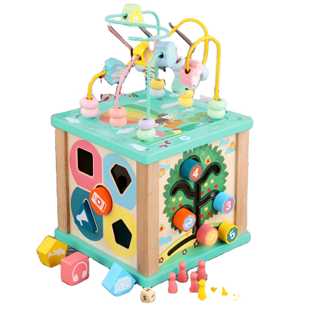 Educative si montessori - Cub Educațional Montessori 5-în-1 din Lemn – Forme, Ceas, Labirint, Mărgele & Roți – Jucărie Interactivă pentru Dezvoltarea Bebelușilor