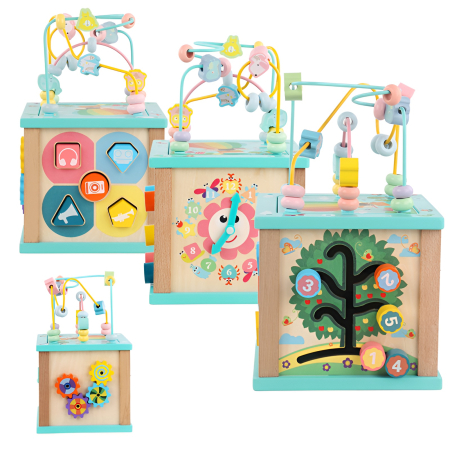 Cub Educațional Montessori 5-în-1 din Lemn – Forme, Ceas, Labirint, Mărgele & Roți – Jucărie Interactivă pentru Dezvoltarea Bebelușilor [1]