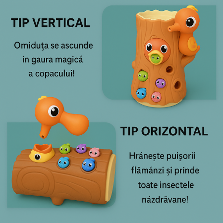 Joc educativ interactiv „Hrănește Ciocănitoarea” – Copac cu viermișori magnetici, 2 moduri de joc (vertical/orizontal), dezvoltă coordonarea și îndemânarea copiilor, vârsta 3+ ani [1]