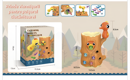 Joc educativ interactiv „Hrănește Ciocănitoarea” – Copac cu viermișori magnetici, 2 moduri de joc (vertical/orizontal), dezvoltă coordonarea și îndemânarea copiilor, vârsta 3+ ani [3]