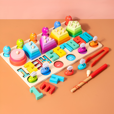 Joc Educativ Montessori 4-în-1 din Lemn – Sortare Culori, Forme, Numere și Albine Magnetice, 3+ [3]