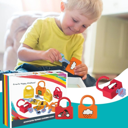Noutati - Joc Montessori „Lacatele si chei” cu asociere imagini – lacate + chei + puzzle, dezvolta motricitatea si memoria
