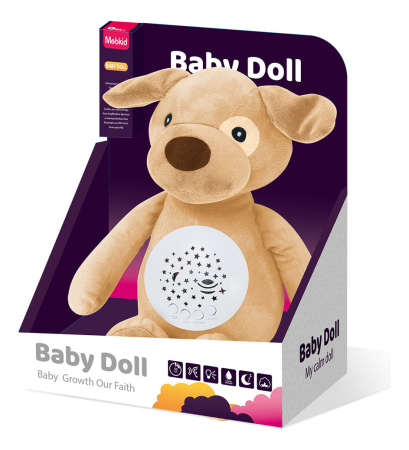 Noutati - Jucarie bebe din plus cu muzica si proiector pentru somn, 7 culori LED, temporizator 30 min, motor detasabil pentru spalare, 10 melodii + 4 sunete albe, 0 m+