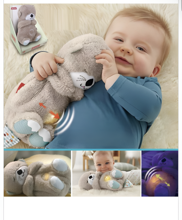 Noutati - Jucărie de pluș calmantă pentru bebeluși – Vidră cu lumină și respirație simulată, somn liniștit, 0+ luni
