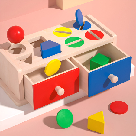 Educative si montessori - Jucărie Educativă din Lemn cu Sertare, Sortator Forme Geometrice și Culori, Montessori, Copii 2+ Ani
