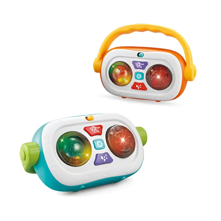 Jucarii bebelusi - Jucărie Muzicală Interactivă pentru Bebeluși – Radio cu Lumini, Sunete și Role, Portocaliu/Verde, +6 Luni