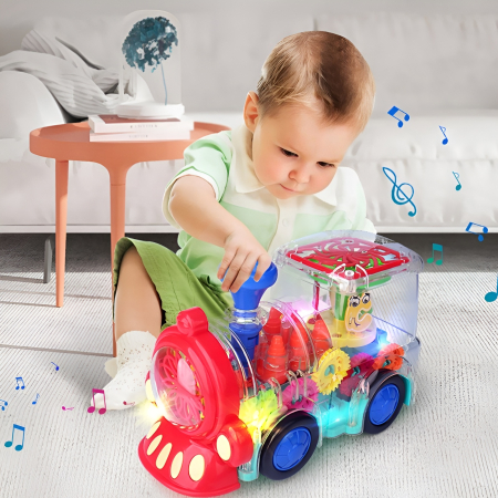 Jucarii bebelusi - Locomotivă Interactivă cu Lumini și Angrenaje Vizibile – Gear Train 3D, Muzică, Mișcare, Jucărie Educațională pentru Copii 3+