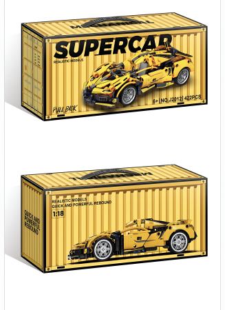 Lego si constructii - Mașină sport din piese de construcție – Supercar galben cu mecanism pull-back, model realist de asamblat, 6+ ani
