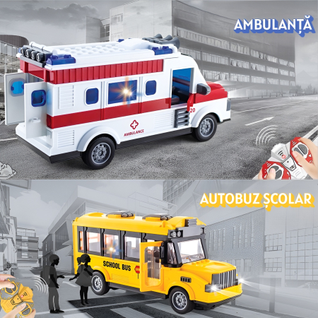 Noutati - Mașinuță cu telecomandă pentru copii – model Ambulanță sau Autobuz Școlar, lumini LED, control în 4 direcții, uși funcționale, scară 1:30