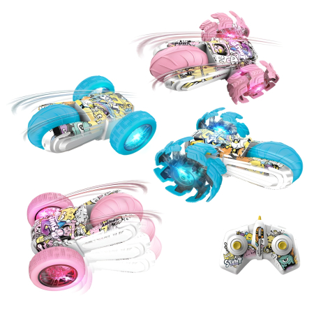 Mașinuță RC Stunt Graffiti 360° – Iluminare LED, 2.4GHz, Roti XXL, 16.8 cm – Roz/Albastru [4]
