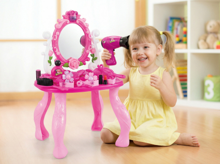 Noutati - Măsuță de Toaletă Jucărie cu Oglindă, Uscător de Păr și Accesorii – Dressing Table cu Lumină & Sunete, Joc de Rol pentru Fetițe 3+