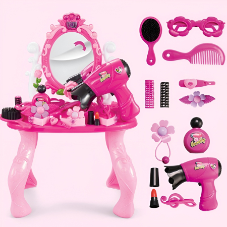 Măsuță de Toaletă Jucărie cu Oglindă, Uscător de Păr și Accesorii – Dressing Table cu Lumină & Sunete, Joc de Rol pentru Fetițe 3+ [2]