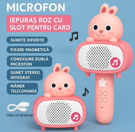 Noutati - Microfon Muzical Interactiv pentru Copii – Iepuraș Roz, cu Lumină, Sunet, Fixare Magnetică și Slot pentru Card, Jucărie Educativă 3+ Ani