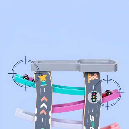 Pistă auto din lemn cu rampă și mașinuțe, jucărie educativă tip cursă pentru copii 2–5 ani [4]