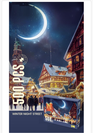 Puzzle 500 piese – Stradă de Iarnă Noaptea, Oraș Luminat Festiv, Peisaj de Poveste, Joc Relaxant pentru Copii și Adulți [1]