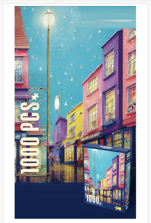 Noutati - Puzzle artistic 1000 piese – Stradă colorată pe ploaie cu felinare luminoase, peisaj urban vibrant pentru adulți și copii mari