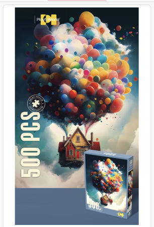 Noutati - Puzzle artistic 500 piese – Casă zburătoare cu baloane colorate, joc de concentrare și relaxare pentru copii și adulți