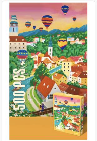 Noutati - Puzzle artistic 500 piese – Oraș pitoresc cu baloane cu aer cald, peisaj colorat european pentru copii și adulți