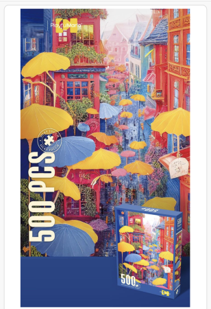 Noutati - Puzzle artistic 500 piese – Stradă colorată cu umbrele suspendate, joc de logică și relaxare pentru copii și adulți