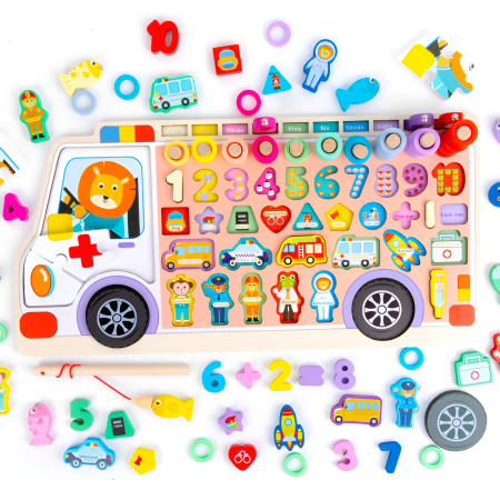 Puzzle Educațional din Lemn Ambulanță – Montessori 7-în-1 cu Numere, Pescuit Magnetic, Profesii, Vehicule & Sortare | Jucărie Educativă 3+ [2]
