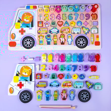 Noutati - Puzzle Educațional din Lemn Ambulanță – Montessori 7-în-1 cu Numere, Pescuit Magnetic, Profesii, Vehicule & Sortare | Jucărie Educativă 3+