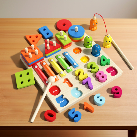 Puzzle Educațional Multifuncțional Montessori – 8 în 1: Numere, Forme, Pescuit Magnetic, Xilofon și Sortare Lemn [3]