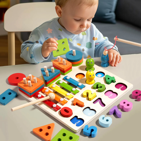 Educative si montessori - Puzzle Educațional Multifuncțional Montessori – 8 în 1: Numere, Forme, Pescuit Magnetic, Xilofon și Sortare Lemn