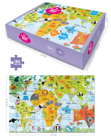 Puzzle educativ copii 180 piese – Harta lumii cu animale pe continente | Joc de geografie distractiv 3+ ani [1]